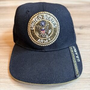 VTG US Army‎ Ball Cap Black Embroidered Gold Logo Adjustable Strap